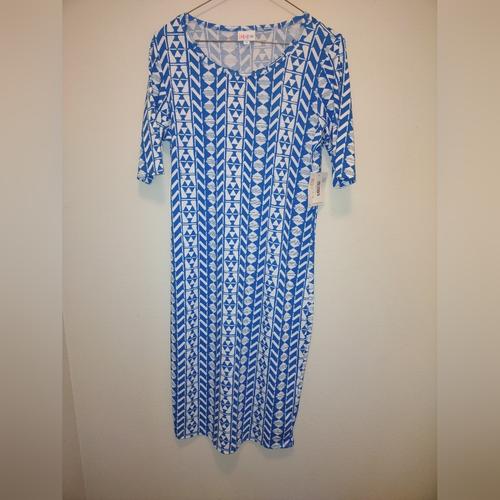 LulaRoe Julia - M (14-16) Blue & White Geometric Pattern